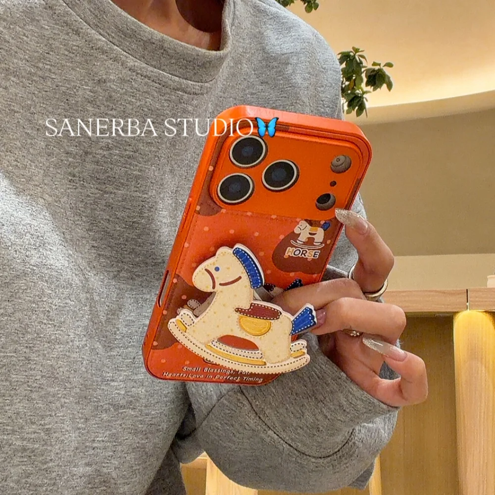 

Leather polka dot cute Trojan horse holder mobile case, suitable for iPhone 14/15/16/17 Pro Max, new shockproof protective case