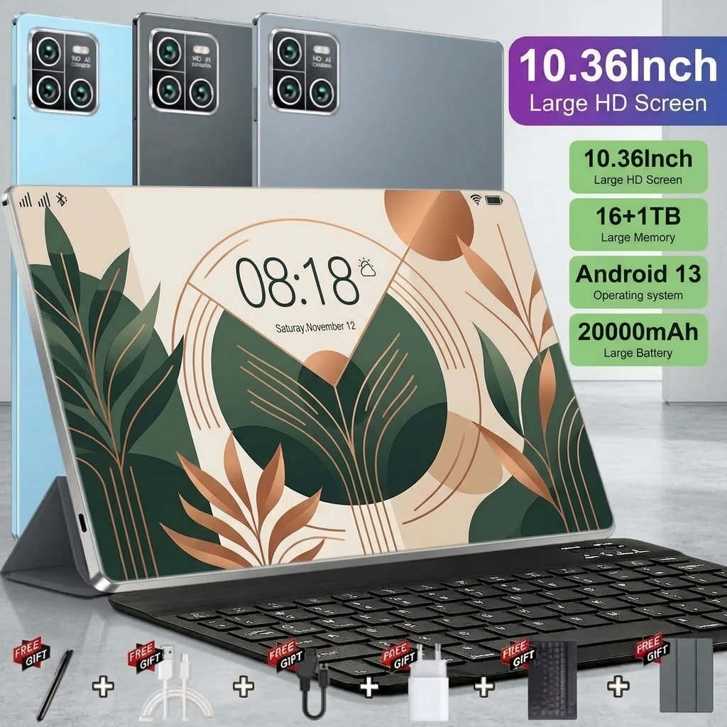 Tablet 5G Android con doppia fotocamera, doppia SIM, 16+32MP, WiFi, Android 13, 16GB di RAM, 1TB di ROM, schermo da 10,36 pollici, batteria da 20000mAh, processore a 14 core, GPS, ideale per lo