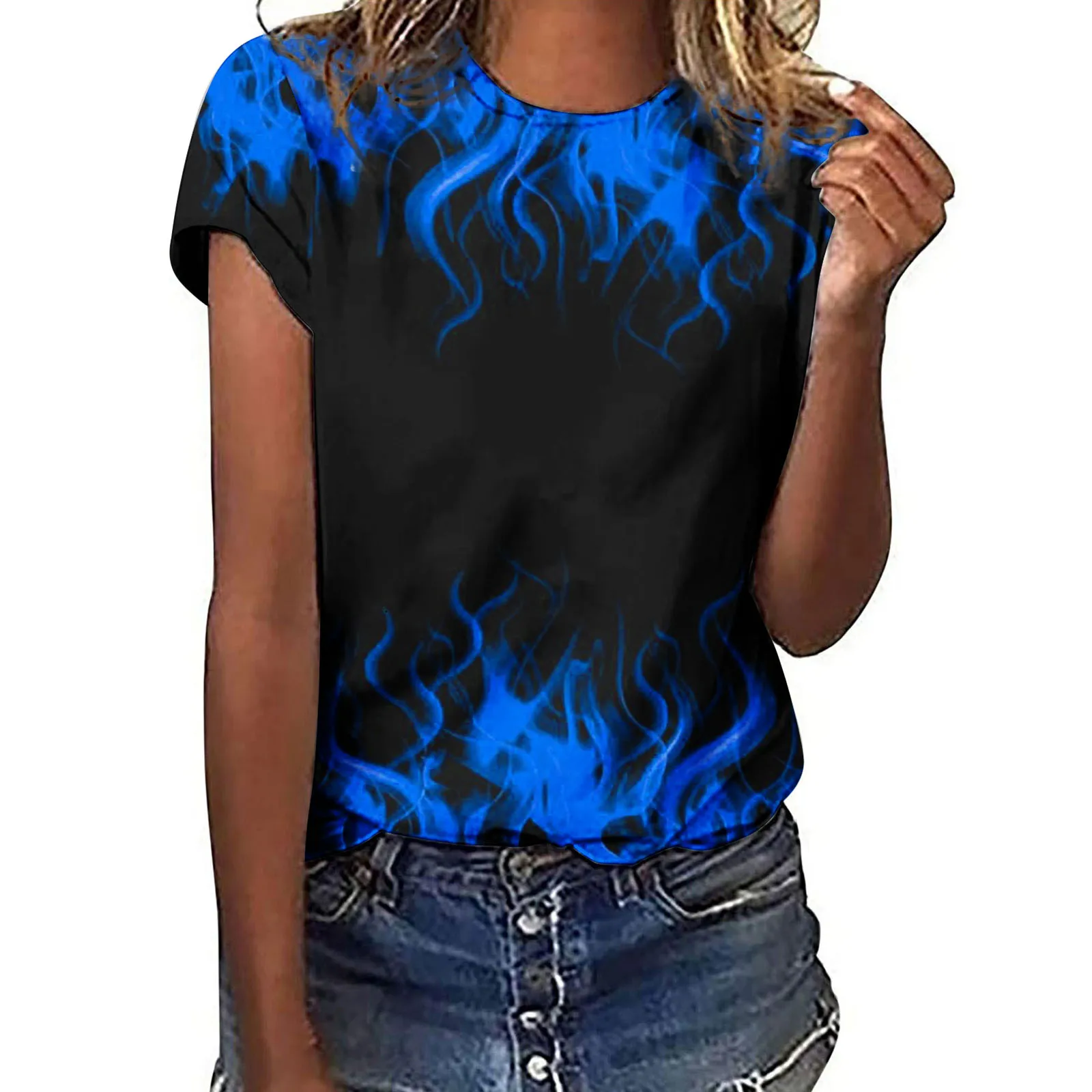 Fashion Street Trend Flame 3D Printed T-shirt Top Comfortable Large Size Crew Neck Women Short Sleeve Top Summer