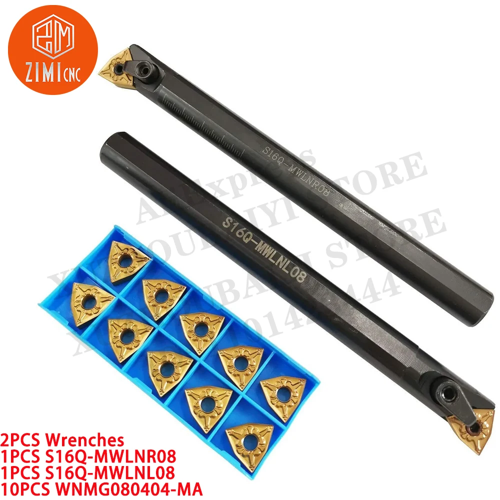 

2P S16Q MWLNR08 S16Q MWLNL08 Set of Lathe Turning Tool Holder + 10PCS WNMG080404-MA Carbide Inserts CNC tool metal cutting tools