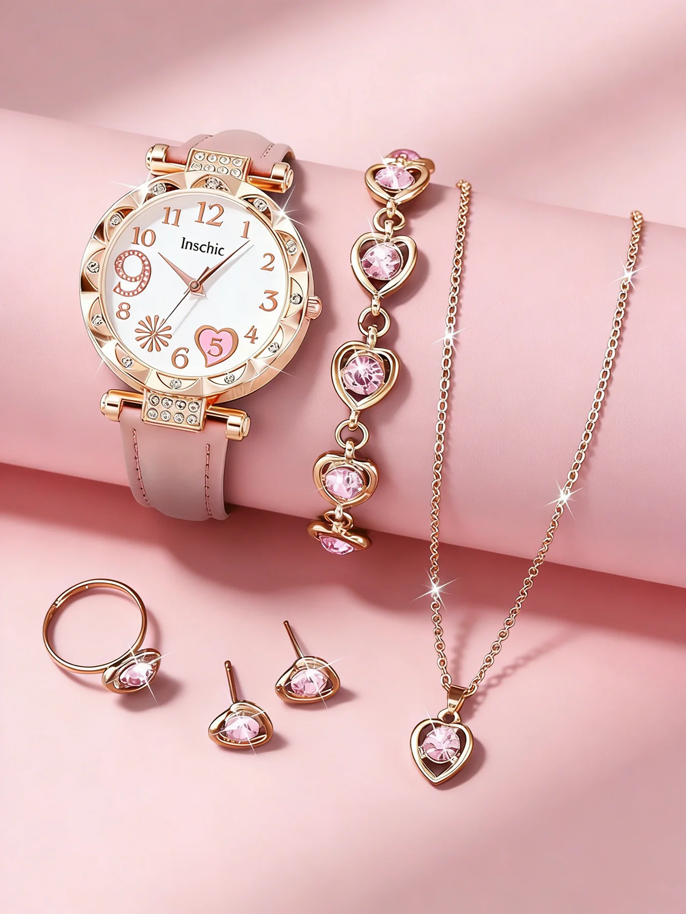 Women's quartz watch and set of inlaid jewelry, gift with heart-shaped fireworks design, does not include the box