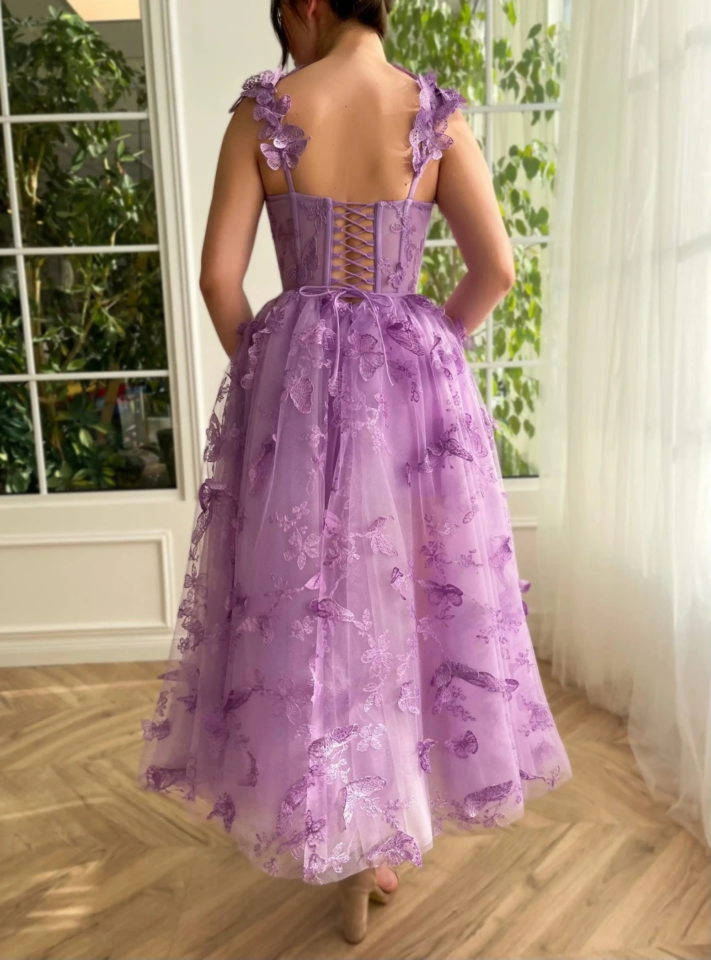 CloverBridal Romantic Free Shipping 3D Butterfly Tea Length Lilac Prom Gowns Corset Boned Bodice Formal Occasion Dresses WP9702