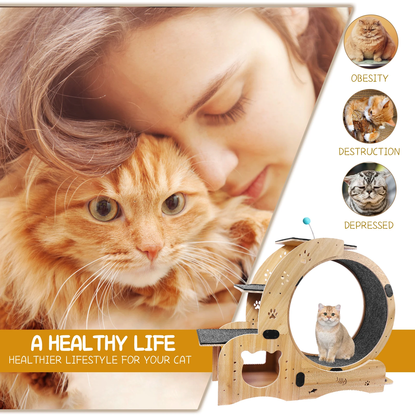 Roue d'exercice multifonctionnelle en bois pour chat Blossom, grande roue de course silencieuse pour chat d'intérieur avec plateforme, gamelle, griffoir, balle de jeu, meuble d'exercice pour chat de toutes tailles pour la perte de poids
