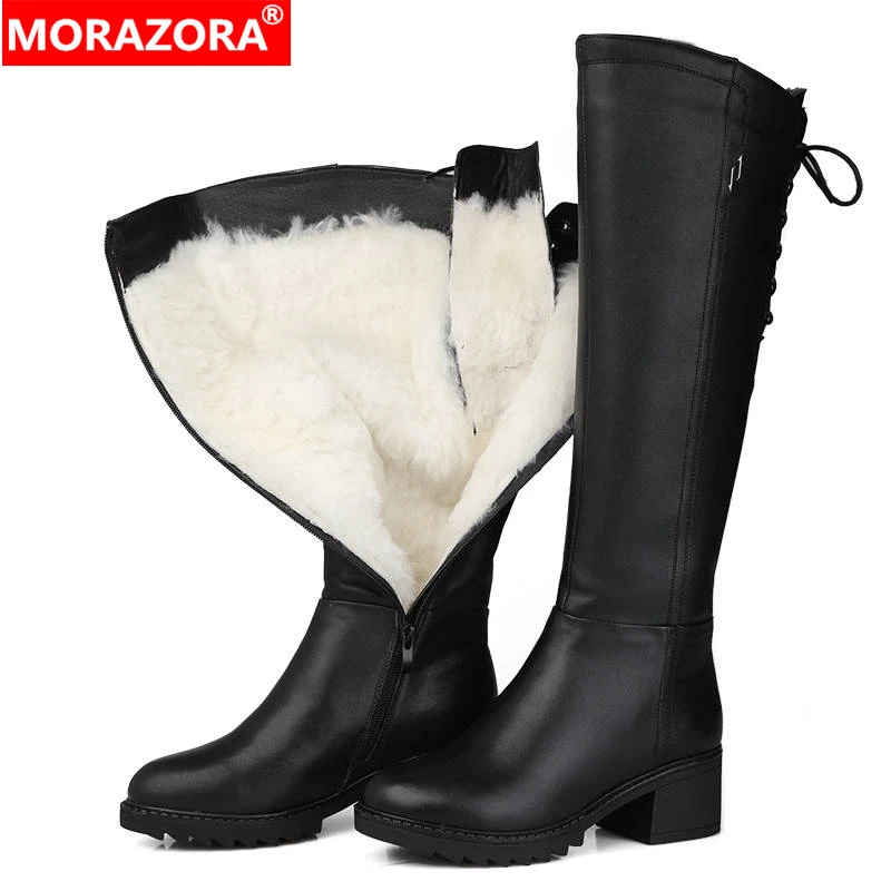 MORAZORA Russia 2024 Genuine leather boots fur fashion knee high boots women warm Natural wool boots round toe winter snow boots