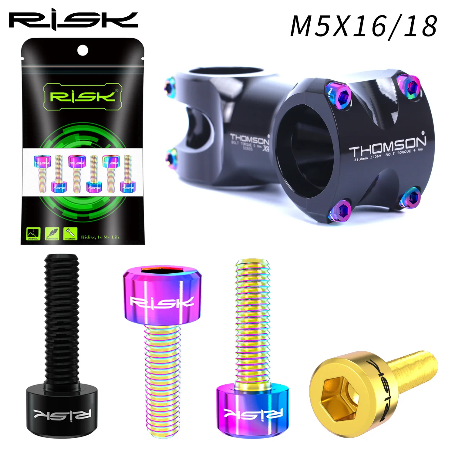 RISK 6PCS M5x16mm/M5x18mm Titanium Bicycle Handlebar Screws Bicycle UltraLight Stem Bolts Lightweight Road MTB Stem Screw Bolt