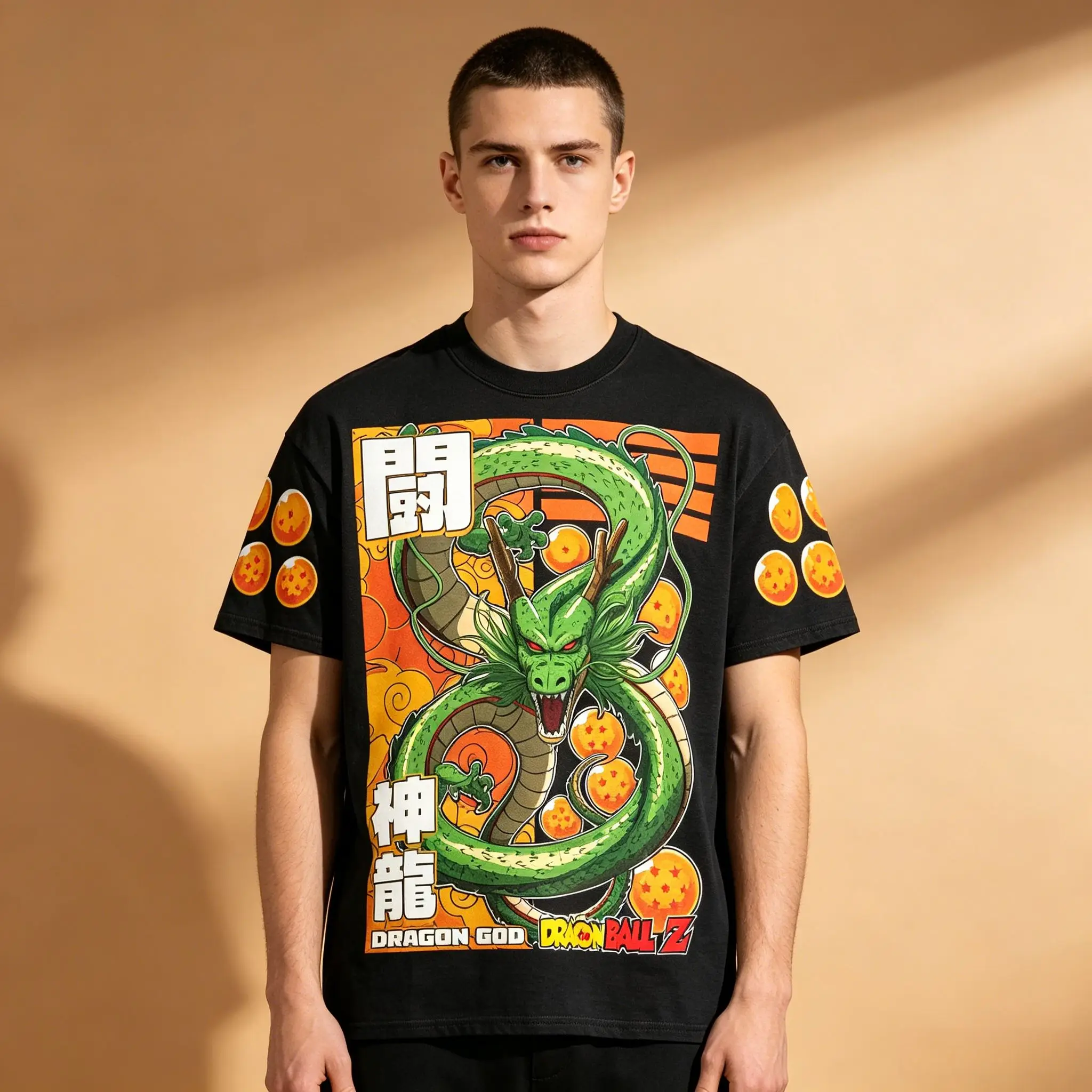 Herren-T-Shirt mit Dragon Ball Z Shenron Vintage-Box-Grafik, Dragon Balls-Aufdruck auf den Ärmeln, Anime Otaku Streetwear, kurzärmelig, lässig