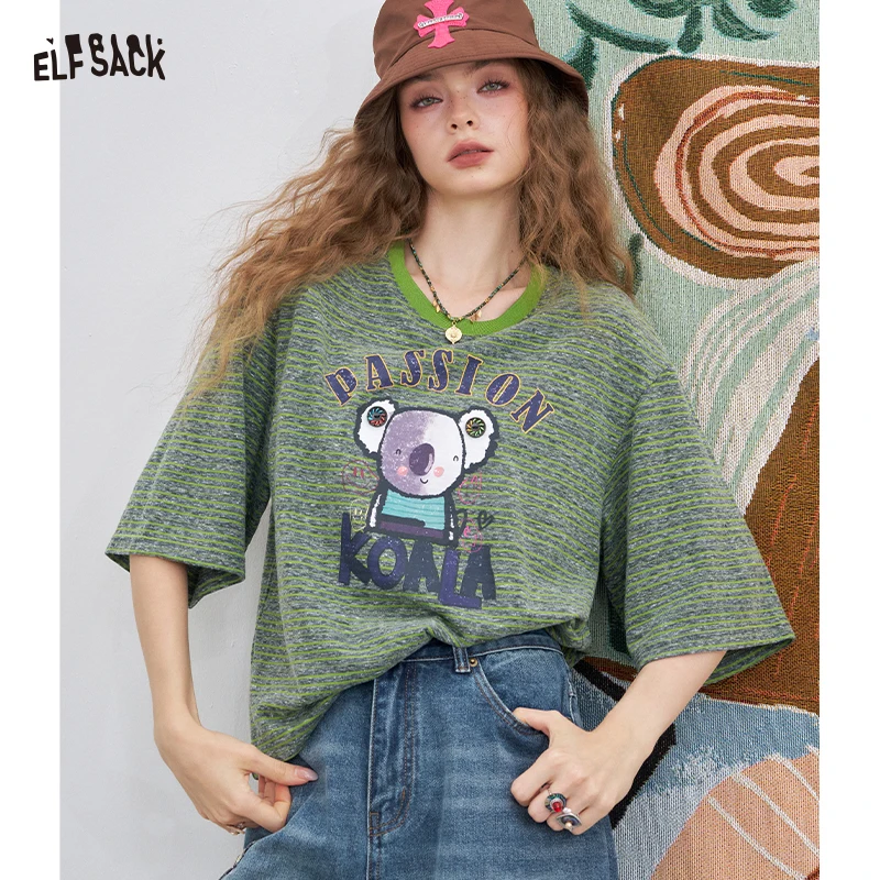 ELFSACK Cute Striped T-Shirt with Cartoon Koala Print, Casual Graphic Crewneck Tee, Loose Short Sleeve Top for Women