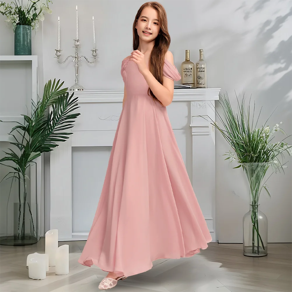 Delicate Cold-Shoulder Chiffon Junior Bridesmaid Dress Rose Quartz Flower Girl Dress With Adjustable Waist & Floor-Length