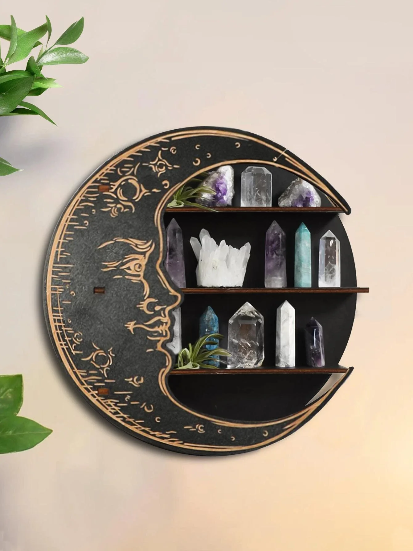 Wooden Shelf Moon Face Display Stand Floating Shelf Wall Decor Wall Shelf Boho Home Decoration Crystal Holder Wall Organizer