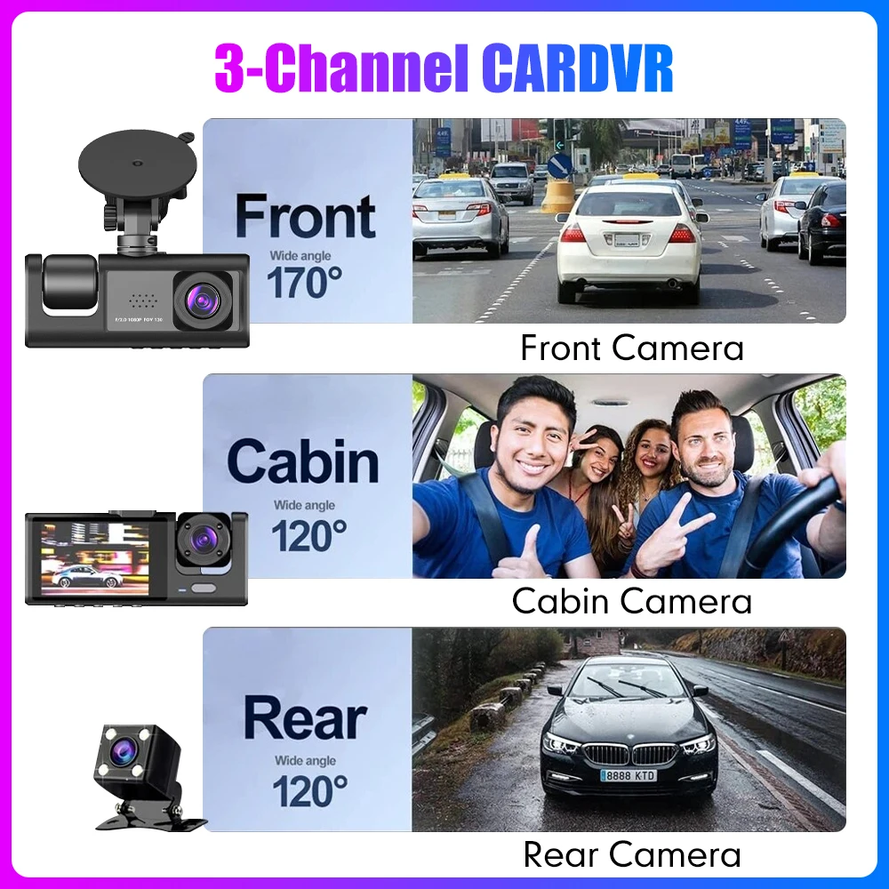 Cam Car DVR HD 1080P Dash Camera 3 Lens 2.0 inch IPS Video Recorder Cycle Dashcam Mirror Driving Recorder Night Vision