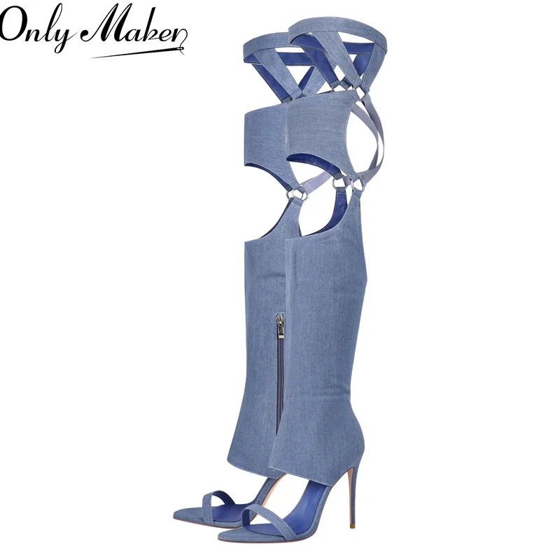 

Onlymaker Women OPen Toe Denim Stiletto Over The Knee Thin Heel Summer Sandals
