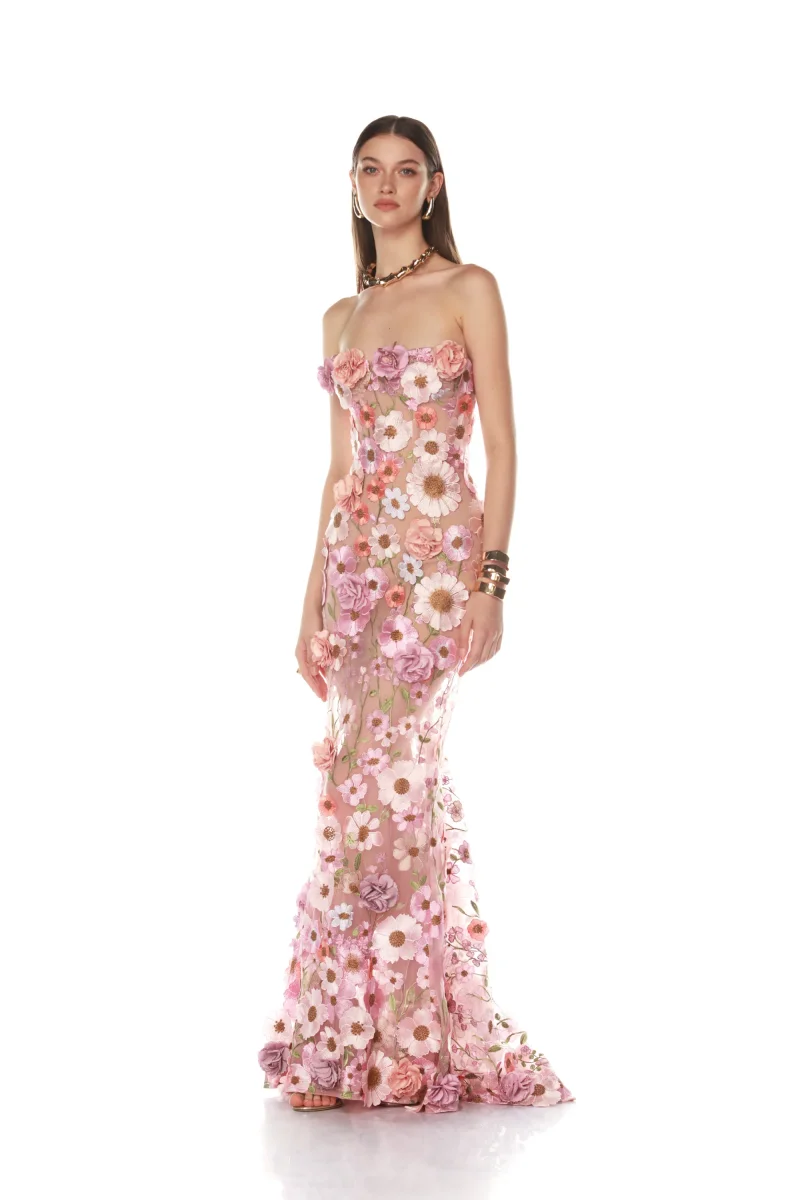 Jessica Abiti da sera con decalcomanie 3D fatti a mano Abiti da ballo rosa Abiti da festa di nozze con fiori ricamati in tulle personalizzati