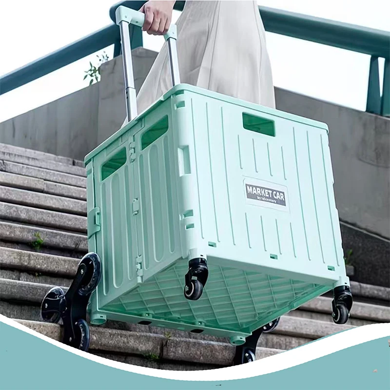 Folding Shopping Cart with Stair‑Climbing Wheels, 12/18 Gallon Collapsible Rolling Crate with Telescopic Handle & Lid, Portable Utility Trolley for Grocery Moving Travel