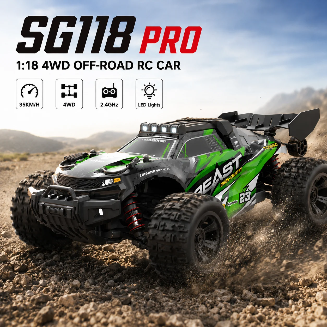 4WD Off-Road RC Car Low Center Of Gravity Design 2.4G Anti-Interference Signal LED Headlight For Flat Road Gravel Park Backyard Outdoor Hobby Car
