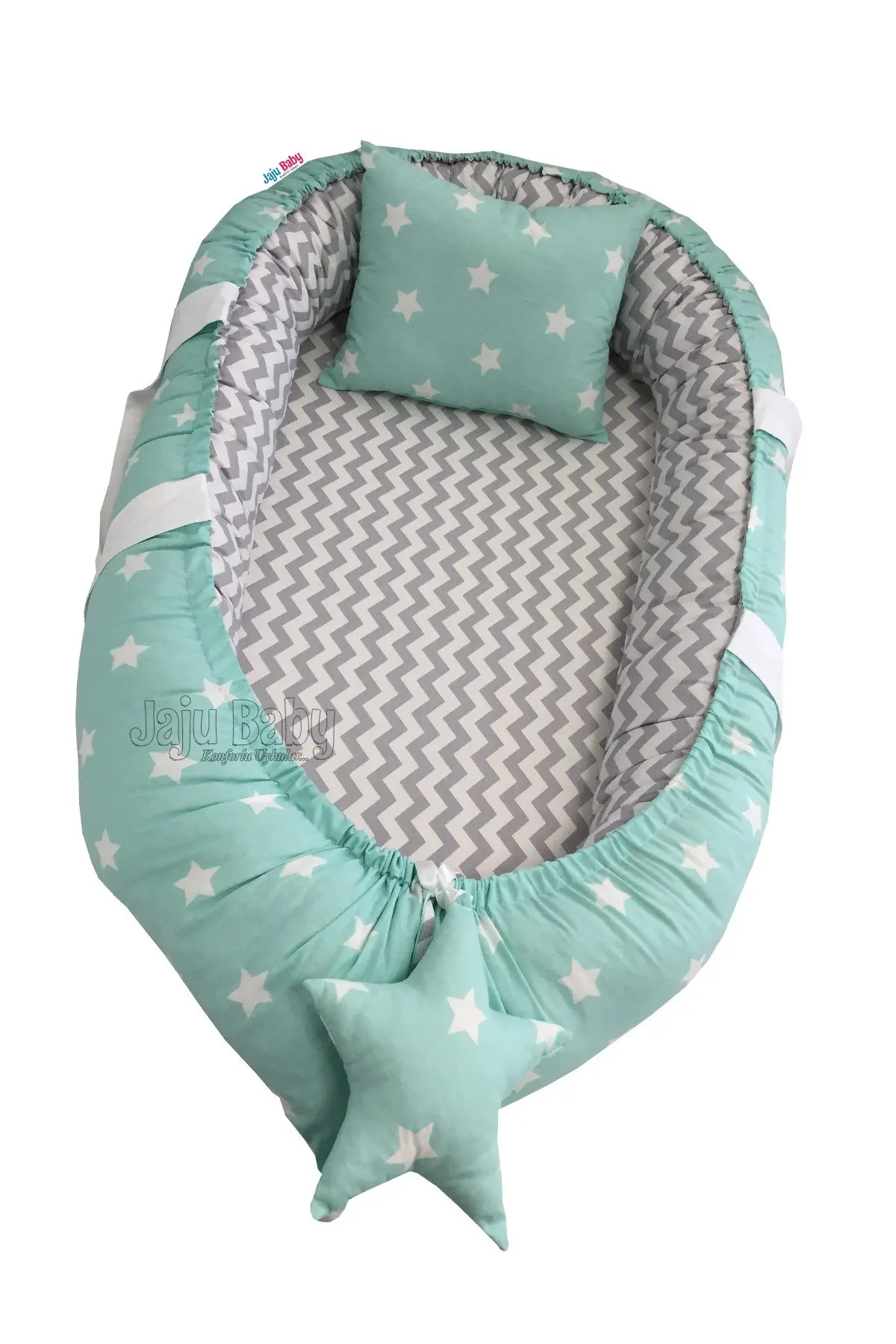 

Handmade Gray Zigzag Mint Luxury Orthopedic Baby Nest