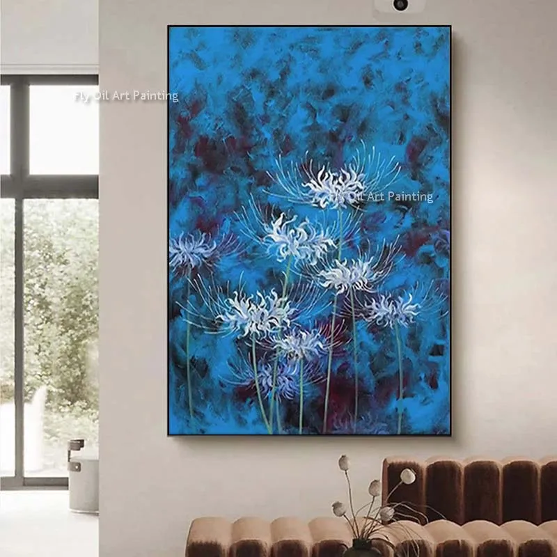 

Postmodernism White Flower Blossom Oil Painting Handmade Dark Blue Floral Canvas Painting Abstract Flower Of Life Art Decor