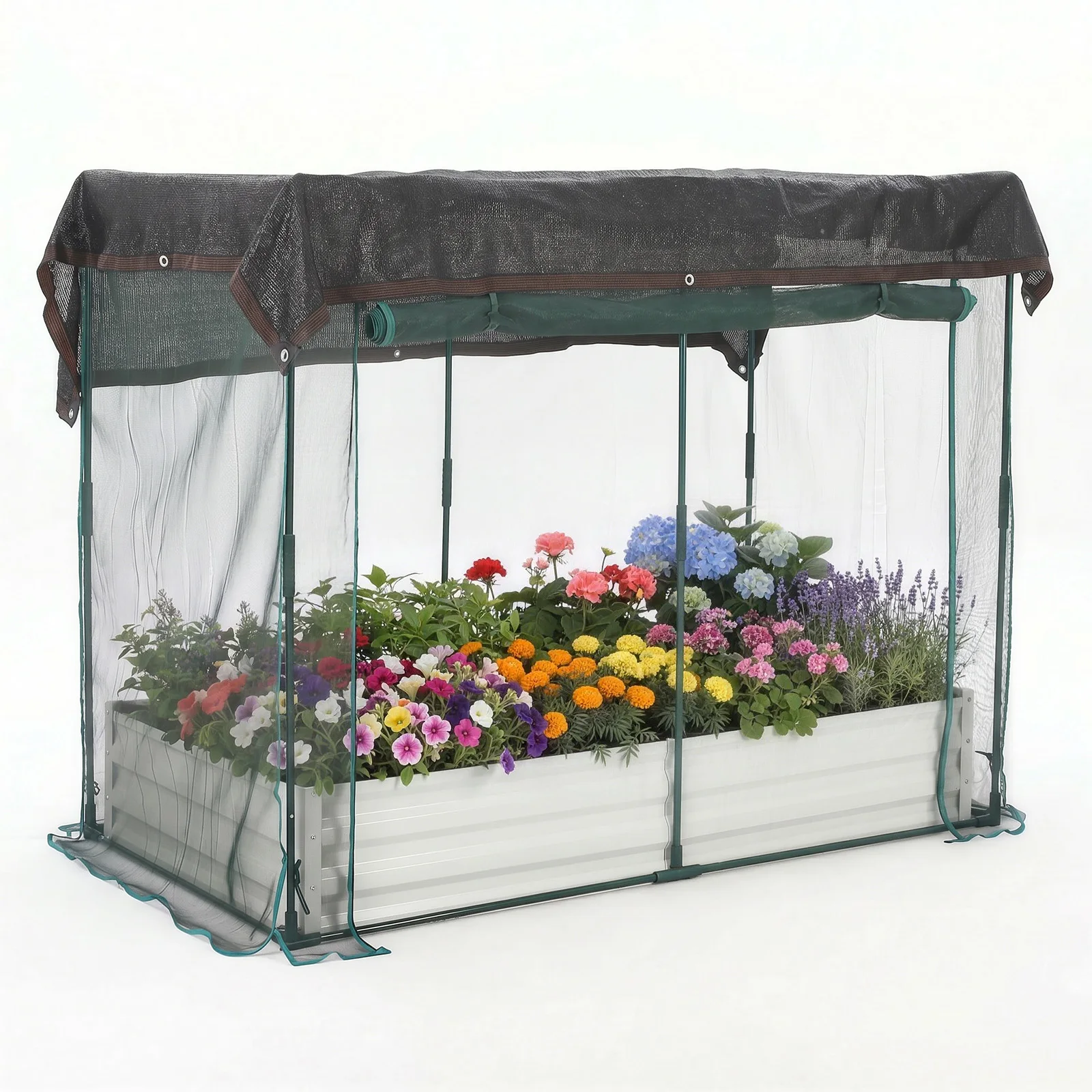 Verhoogd plantenbed van gegalvaniseerd staal met deksel, 72x36 inch metalen plantenbak met insectengaas en schaduwnet, groentebed voor alle seizoenen, vogel- en dierenbarrière, drainagegaten in de