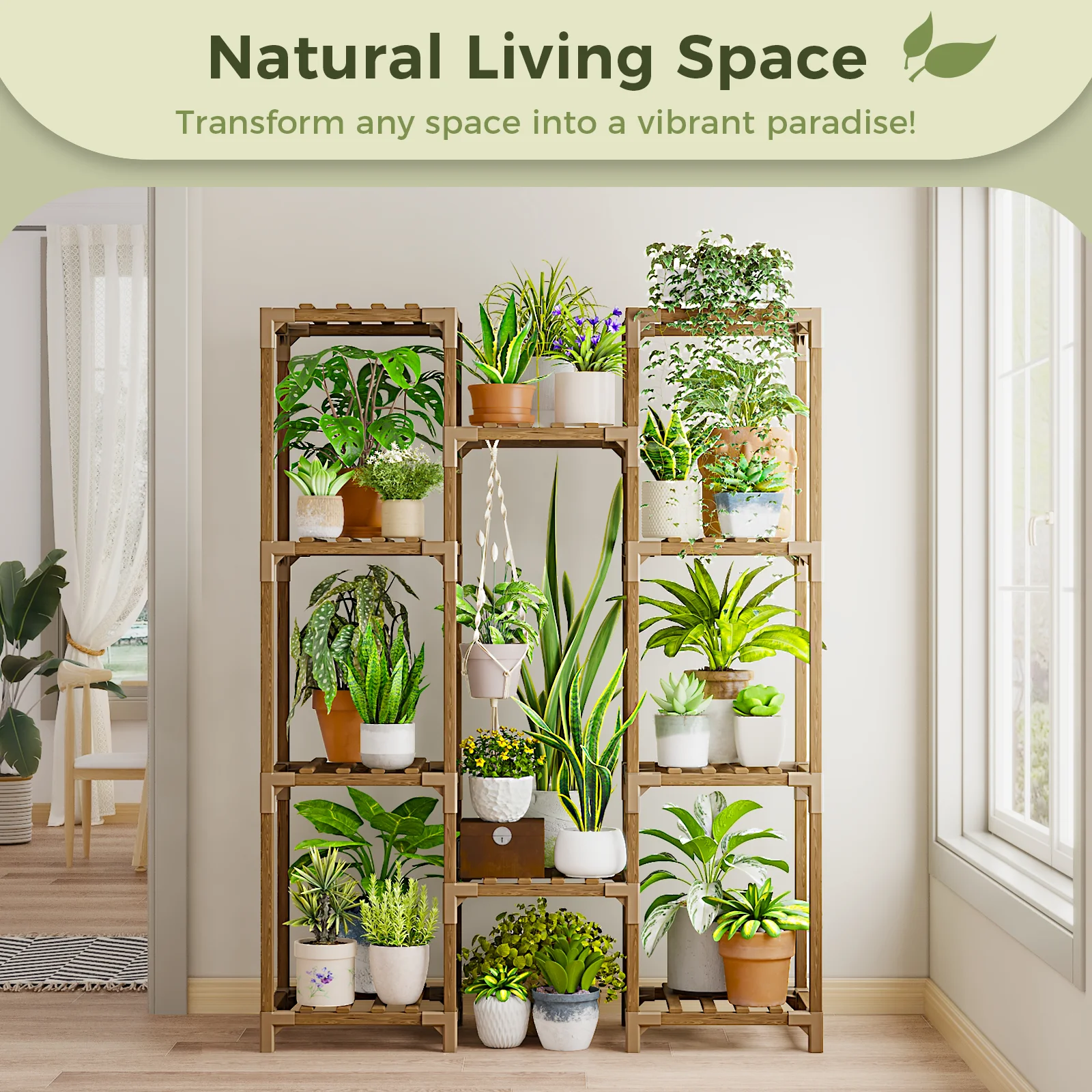 Bamworld Tall Wood Plant Stand Indoor-Outdoor, Multi-Tier Large Flower Shelf Rack for Living Room Patio Balcony Garden Decor image 3