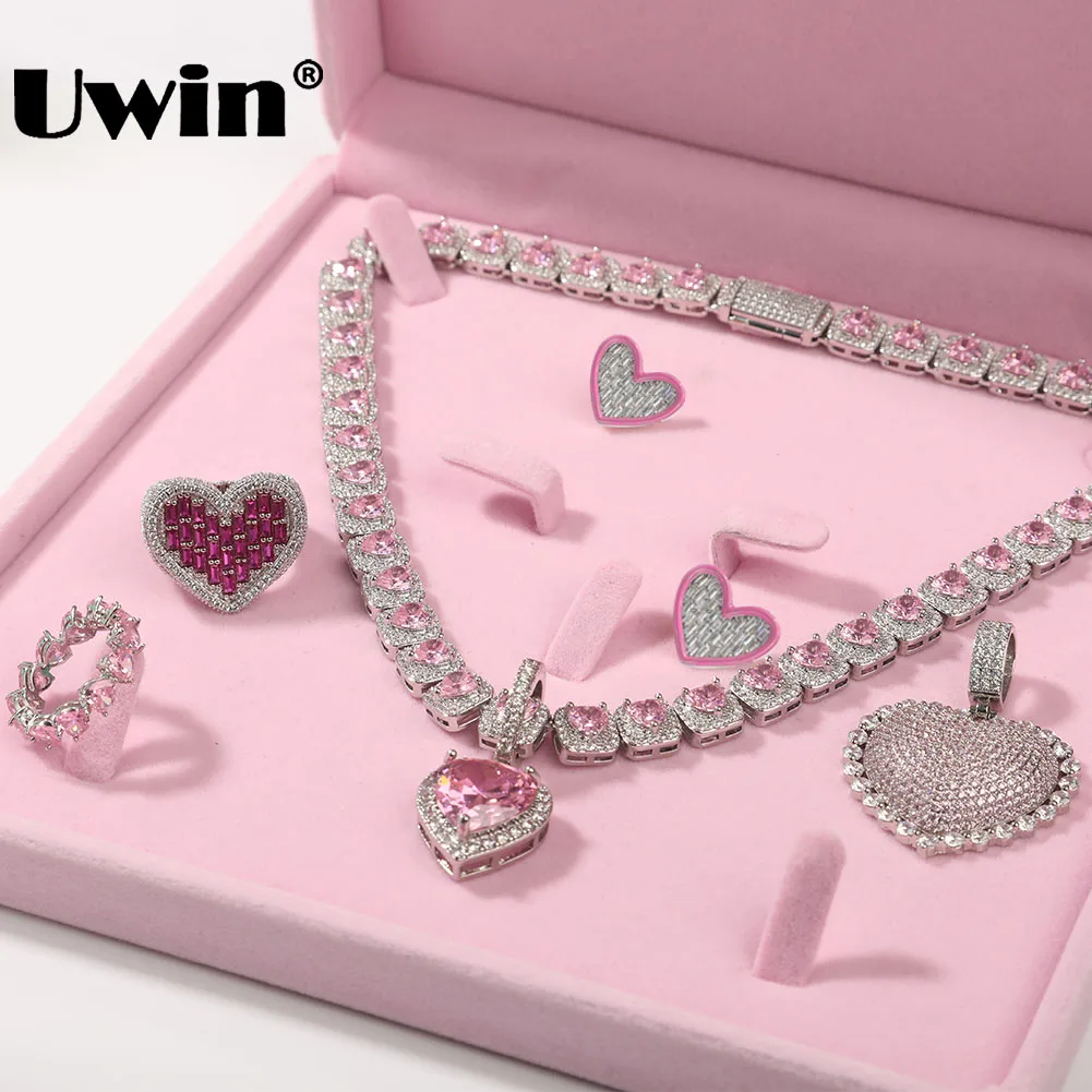 

UWIN Necklace/Earrings/Ring Set For Women Iced Out Cubic Zirconia Pink Silver Color Heart Series Fashion Jewelry Set for Gift