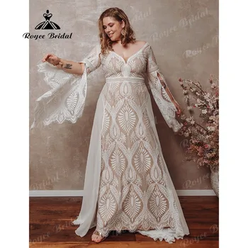 Vestidos boda civil Boho 레이스 여성용 긴 소매 비치 플로이 플러스 사이즈 웨딩 원피스, 맞춤형 신부 가운, 2025 V 넥