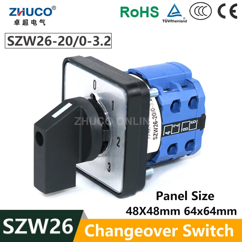 ZHUCO SZW26/LW26-20 20A 64X64 Mm 48X48 Mm 0-1-2-3 Two Pole Four Position Power Knob Selection Universal Changeover Cam Switch
