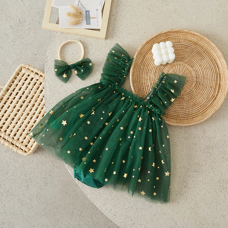 Suefunskry Baby Girl Christmas Romper Dress Square Neck Ruffles Fly Sleeve Mesh Skirt Hem Jumpsuit with Bobbles Bells Decor