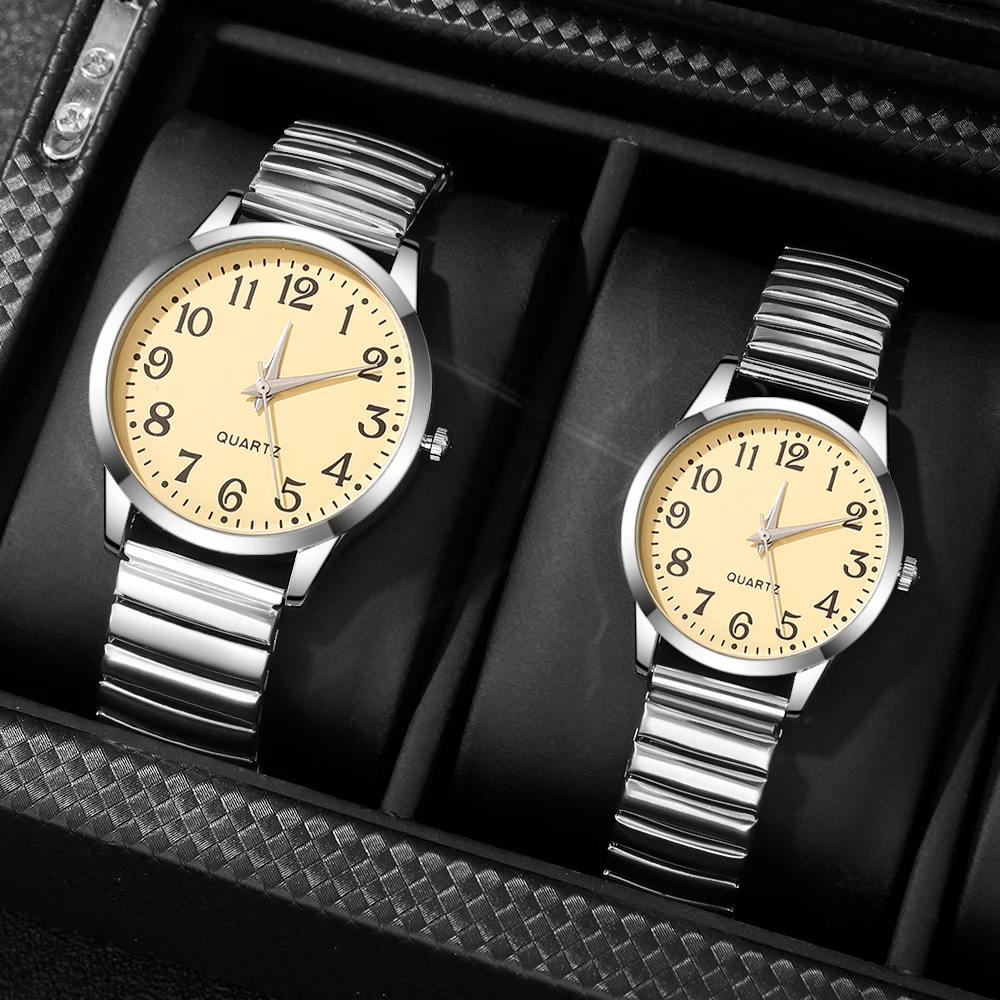 2PCS Couple's Watches Fashion Stainless Steel Band Men Women Analog Quartz Watches Set