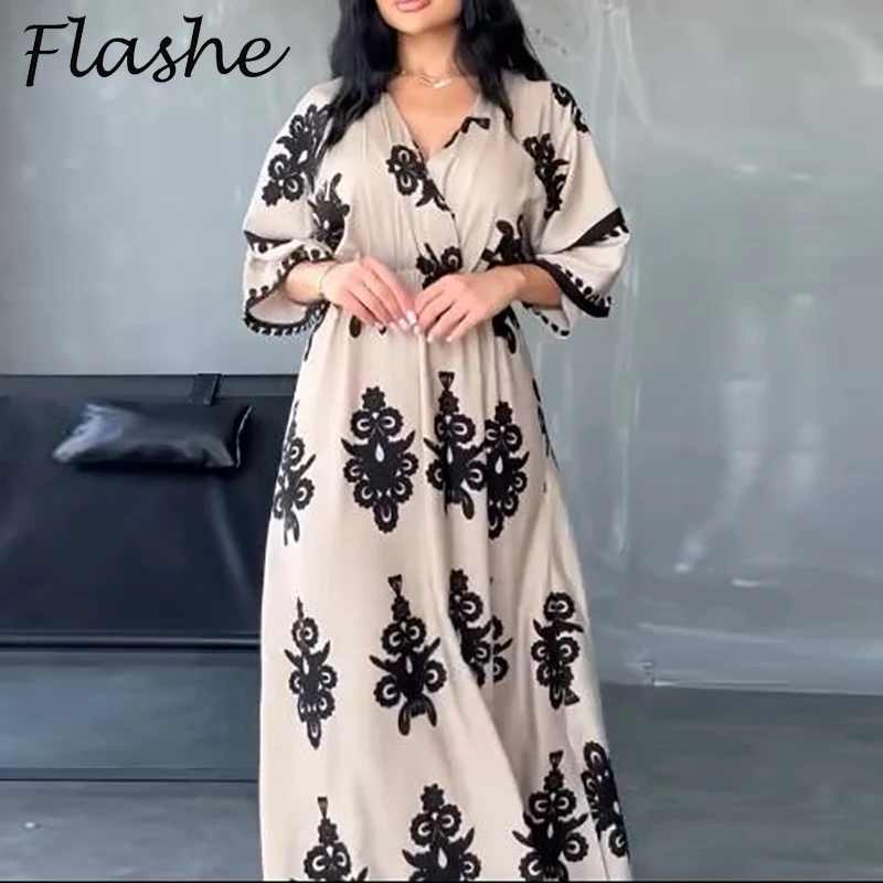 

Plus Size Dress Women Short Sleeve V Neck A-line Bohemian Dresses For Women Casual Pattern Printed Beach Holiday Long Dress