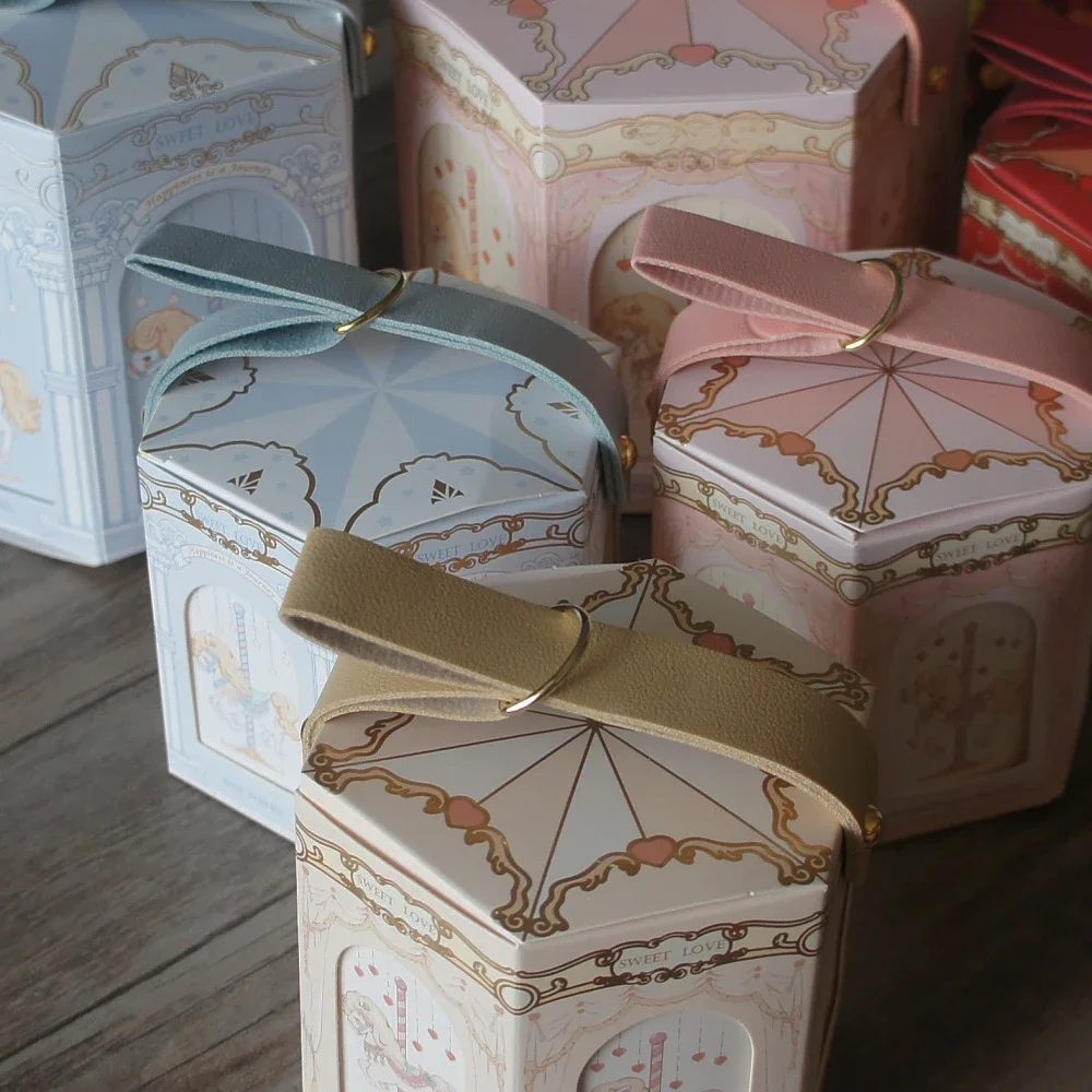 12 Stück blau rosa gelb Karussell Design Papier box mit Griff als Praline Party Hochzeit Geburtstag