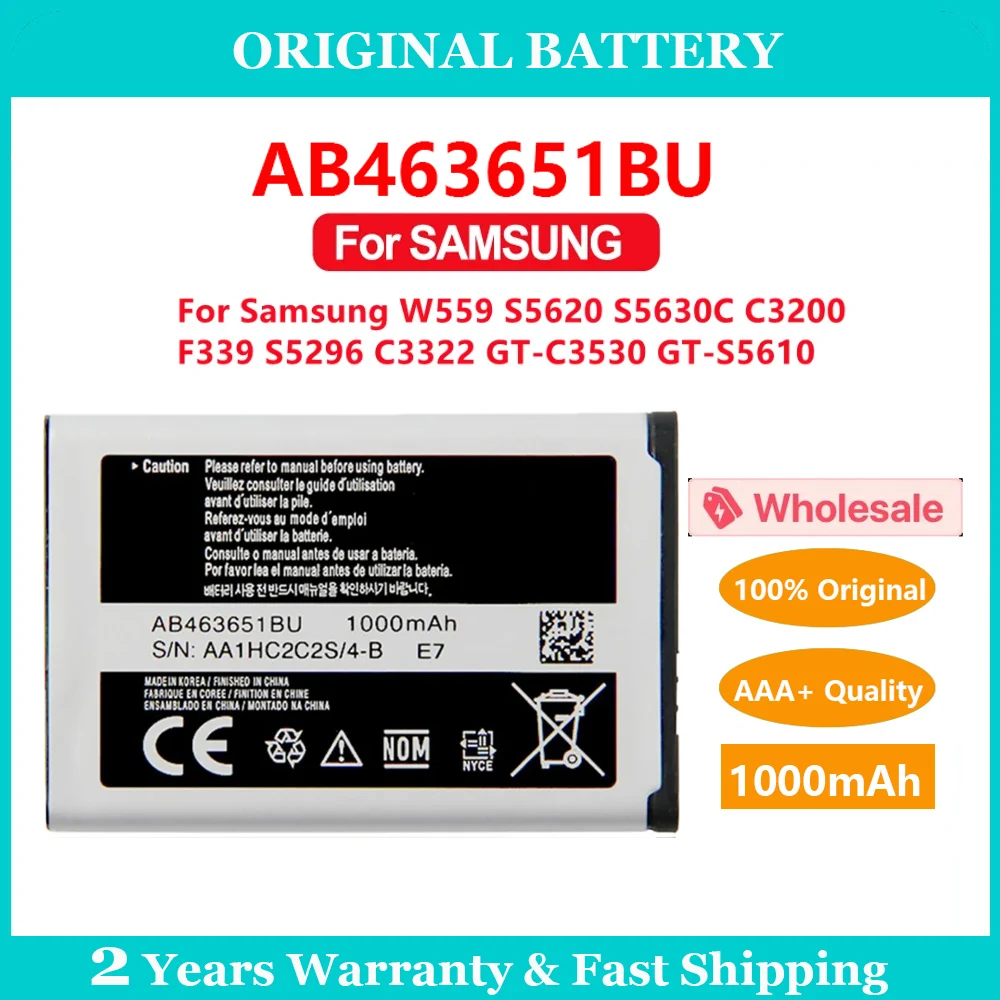 Original 1000mAh AB463651BU Battery For SAMSUNG W559 s5620 $5630C C3200F339 S5296 C3322 GT-C3530 GT-S5610 Replacement Batteria