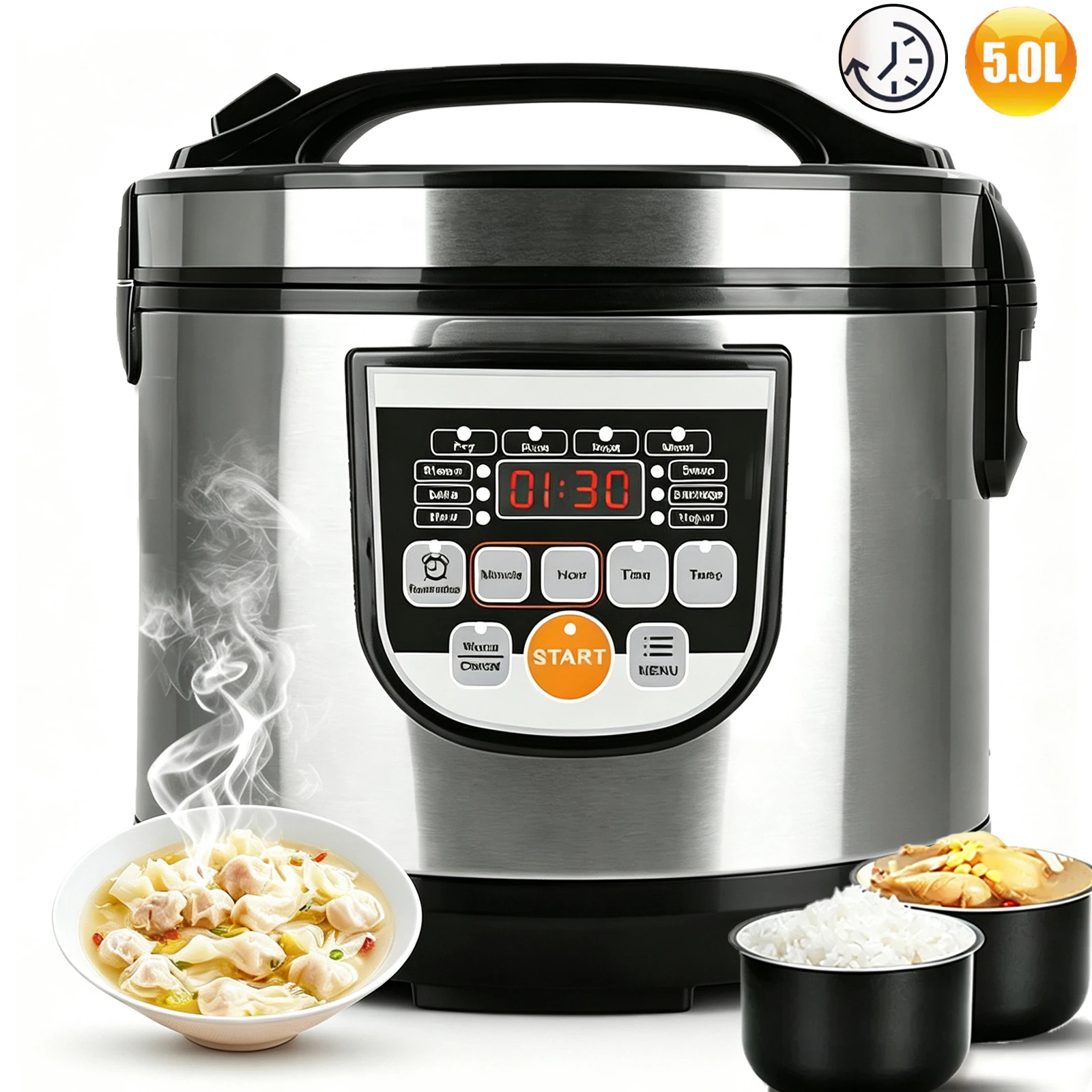 Cuociriso elettrico portatile con display digitale, ideale per uso domestico e in auto, capacità 5L, cuociriso elettrico multifunzione per cucina, zuppe, porridge, cottura di alimenti, cuocere a