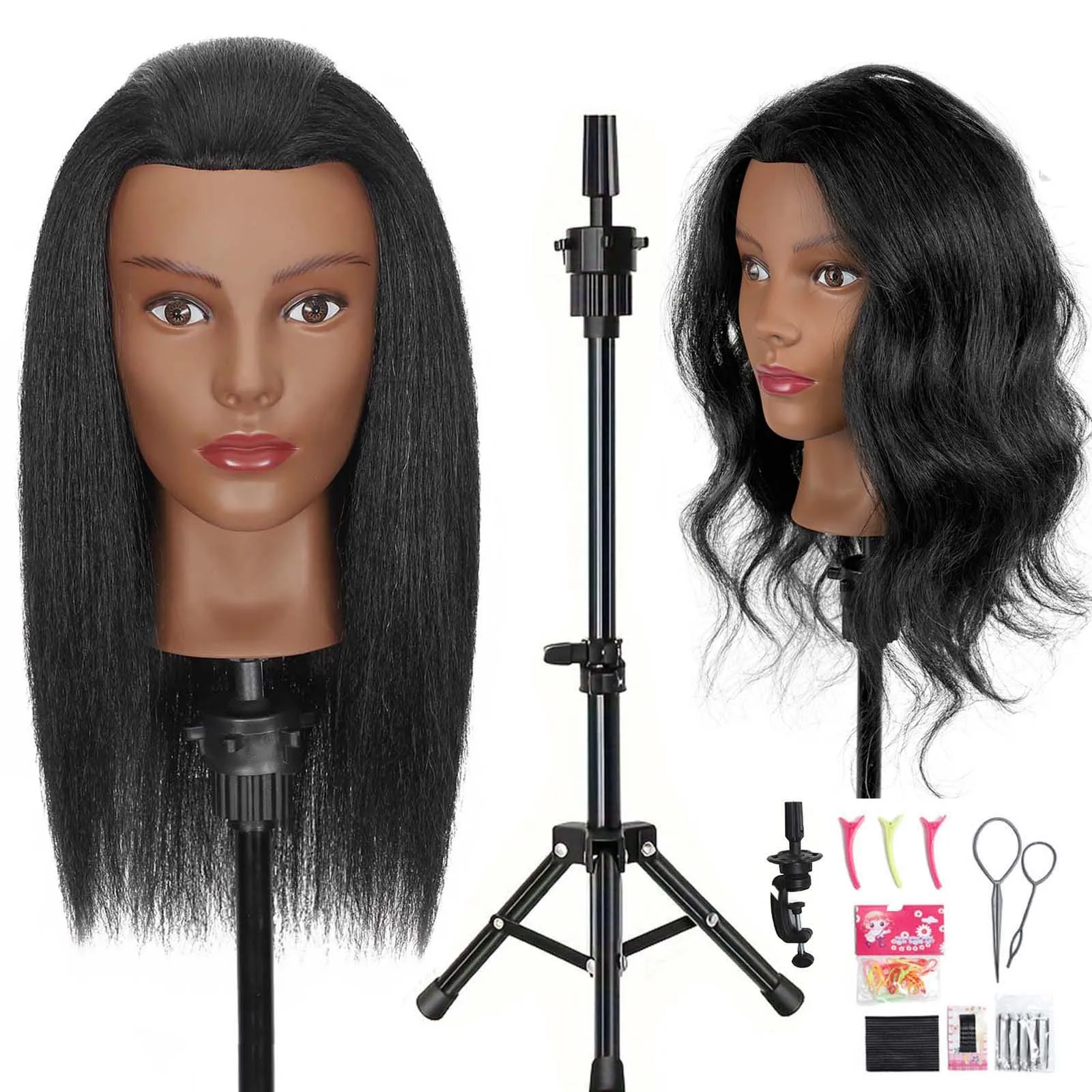 Mannequin Head with Human Hair 18'' Cosmetology Manikin Doll Head with 100% Real Human Hair for Braiding Hairdresser Practice St
