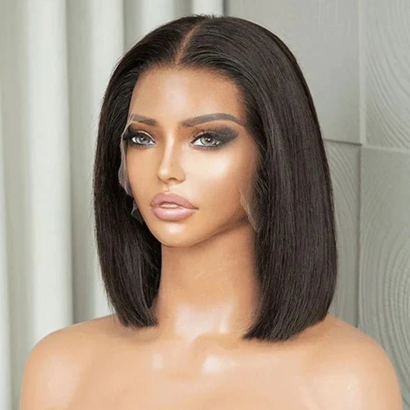 Straight Bob Frontal Wig Lace Bob Wig Natural Black #1B Pre Plucked With Baby Hair 200% Density Short Bob Wigs For Women