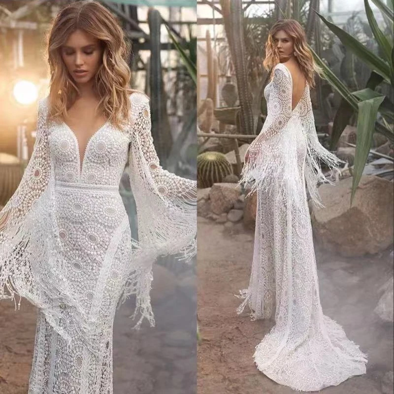 #9652 Fotos Reais Mangas Compridas Sexy Lace V-Neck Bainha Vestido de Noiva Vestido De Noiva Backless Para Mulheres Com Tassel Custom Made