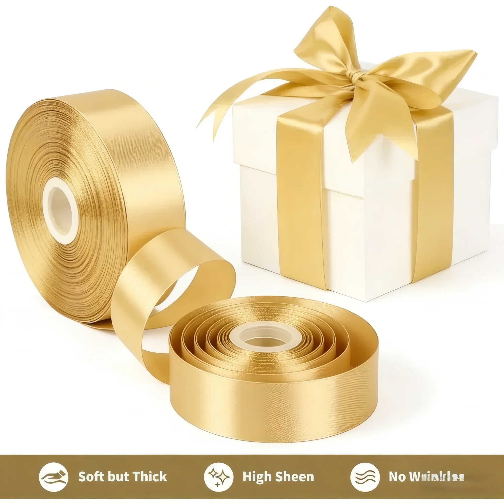 

Elegant Gold Satin Ribbon 25yds​ – Smooth Silk Texture, 1in Width, 25 Yards Length, Will Not Fade, Ideal for Gift-Wrapping.