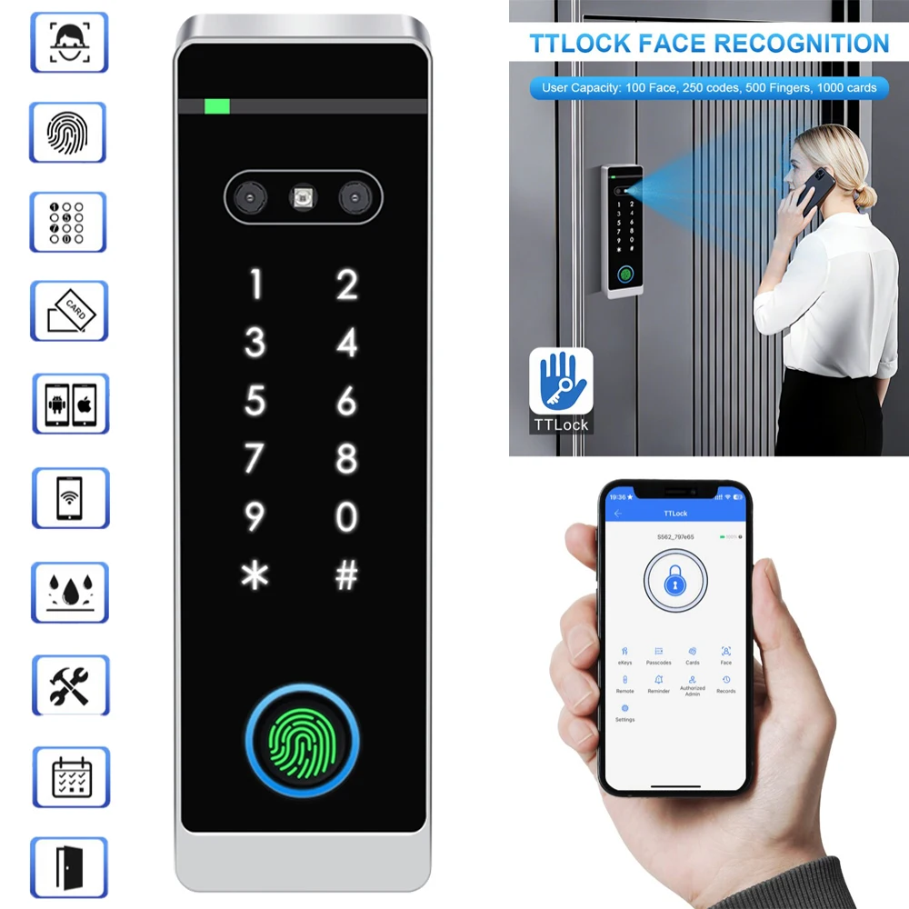 Leshine 100 Users Face Recognition Wifi Access Control Fingerprint Touch Keypad MF Card PIN Password TTLock APP for iOS Android