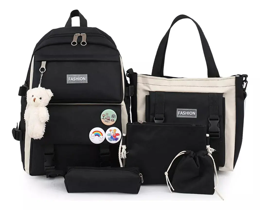 Lagom Set 5 Mochila Bolsas Escolar Estudiante Lapicera Tote Lona(Sin colgante de oso)