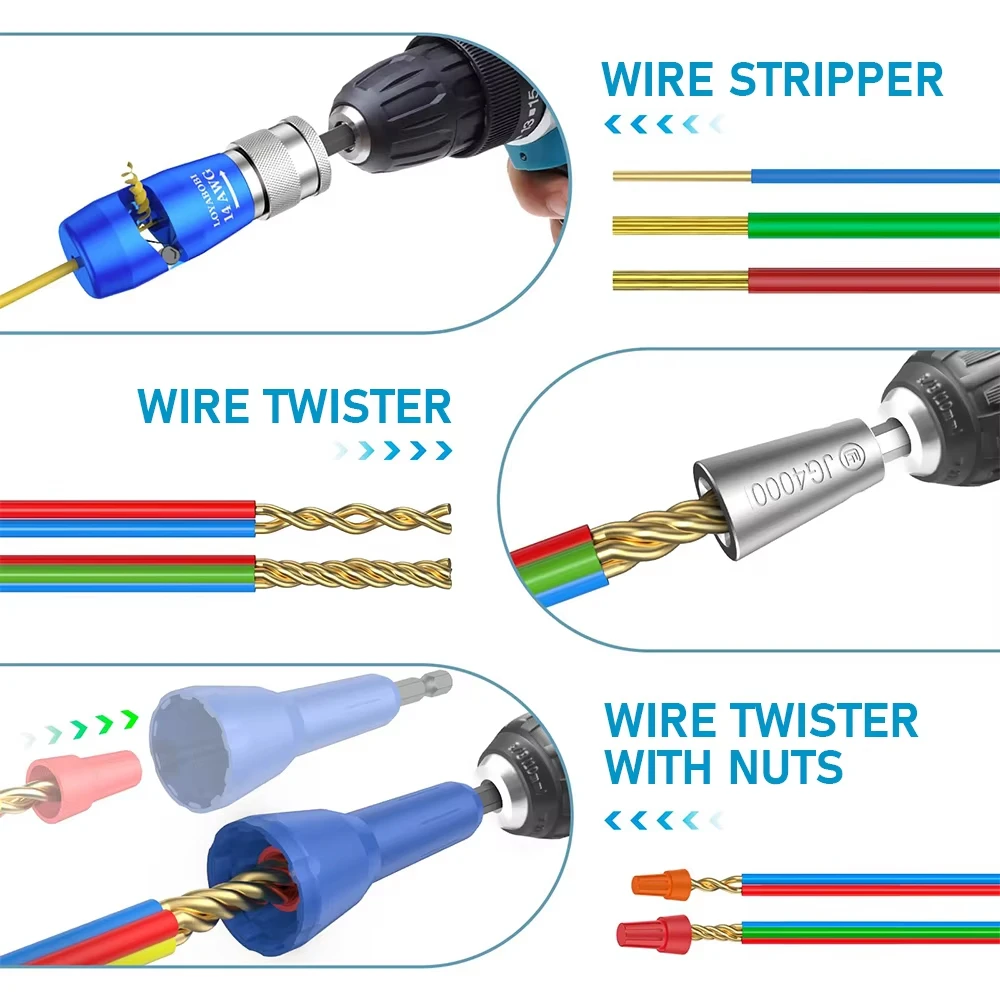 Electricians Drill Wire Stripper Set for Drill Cable Stripper with Wire Connectors Nuts Twister blade for AWG 14-12-10-8-6 Wires