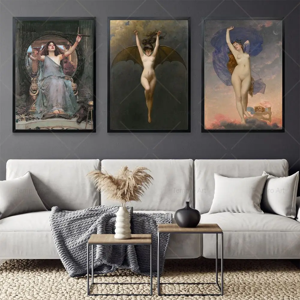 Mythological Moon Witch Poster Prints Vintage Nude Woman Wall Art Canvas Paintings Pictures Living Room Home Decor Oil Painting