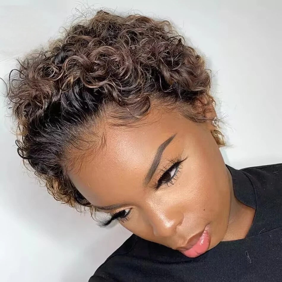 Deep Wave 4/27 Highlight Honey Blonde Short Pixie Cut 13x4 Lace Front Human Hair Wigs 150% Density Wig For Black Women