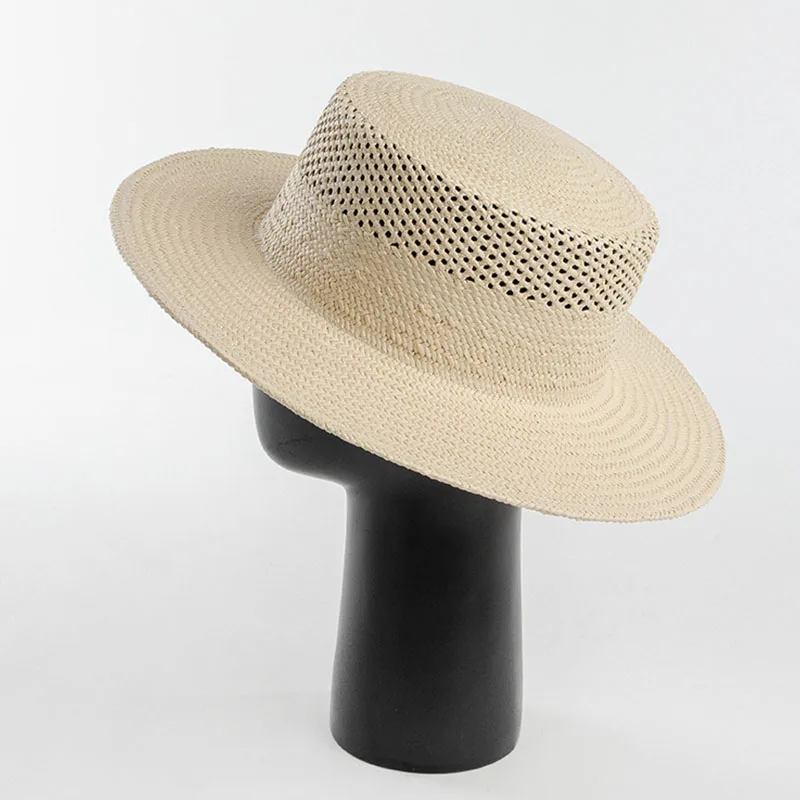 Fashion Women Beige Straw Fedora Hats Ladies Wide Brim Summer Hat Hand Woven Hollow Straw Sun Hat for Derby Travel Beach Hat