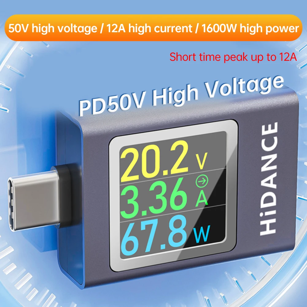 DC 4.5-50V 0-12A PD3.1 Digital Display DC Voltage Ammeter Power Meter Type-c Cell Phone Charging Tester Detector