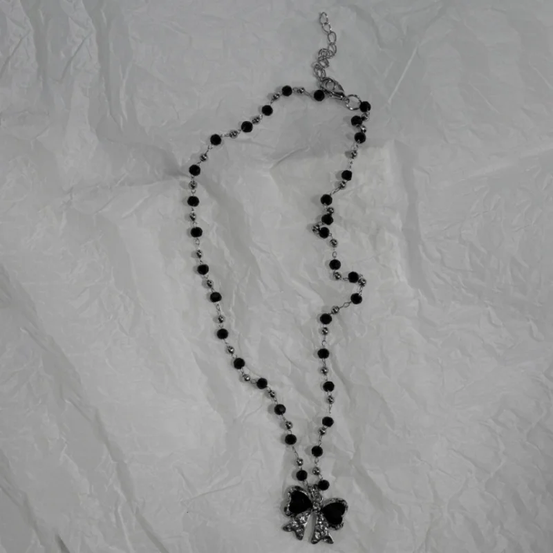 5Pcs Gothic black rhinestone bead necklace set, silver chain heart-shaped bow cross pendant necklace, Y2K punk layered jewelry