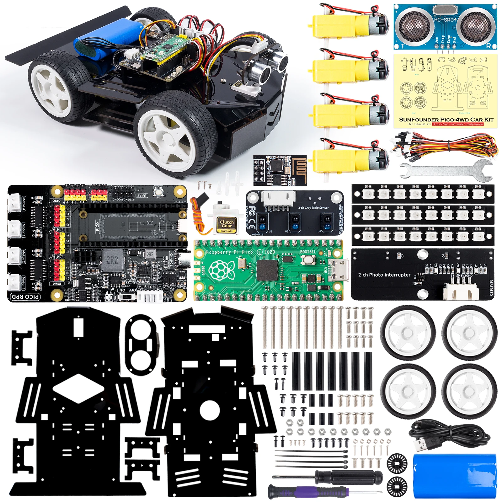 CC SunFounder Rechargable Raspberry Pi Pico Robot Car Kit, Open Source, MicroPython, App Control,RGB LED DIY Robot Kit