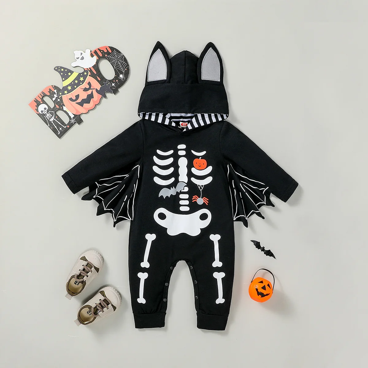 2024 New Style Cute Long Sleeve Baby boy autumn hallowmas skull print hooded  Fashion jumpsuits