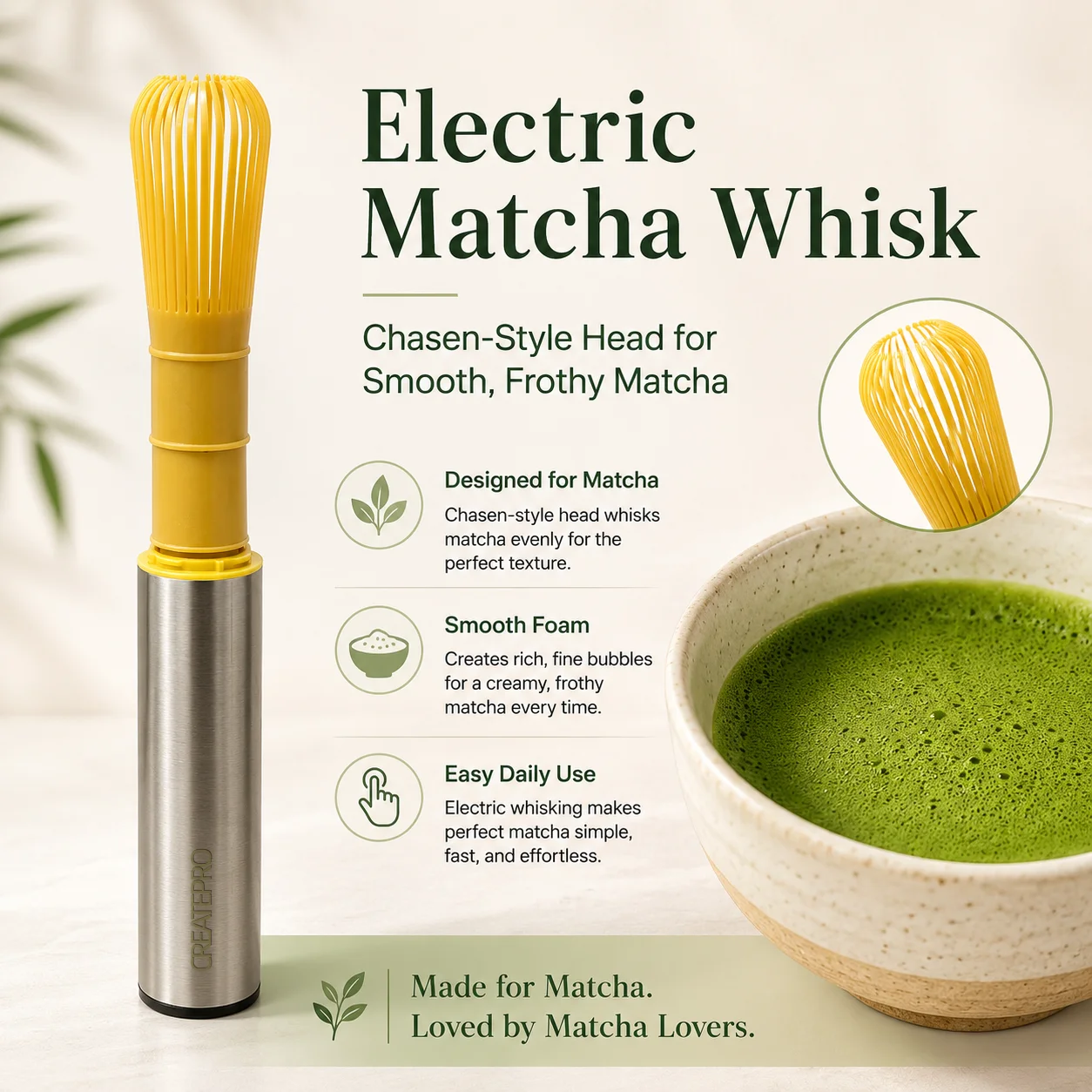 Rechargeable Electric Matcha Whisk with Storage Cover, Handheld Bamboo-Style Matcha Brush, Stainless Steel Mixer for Matcha Tea