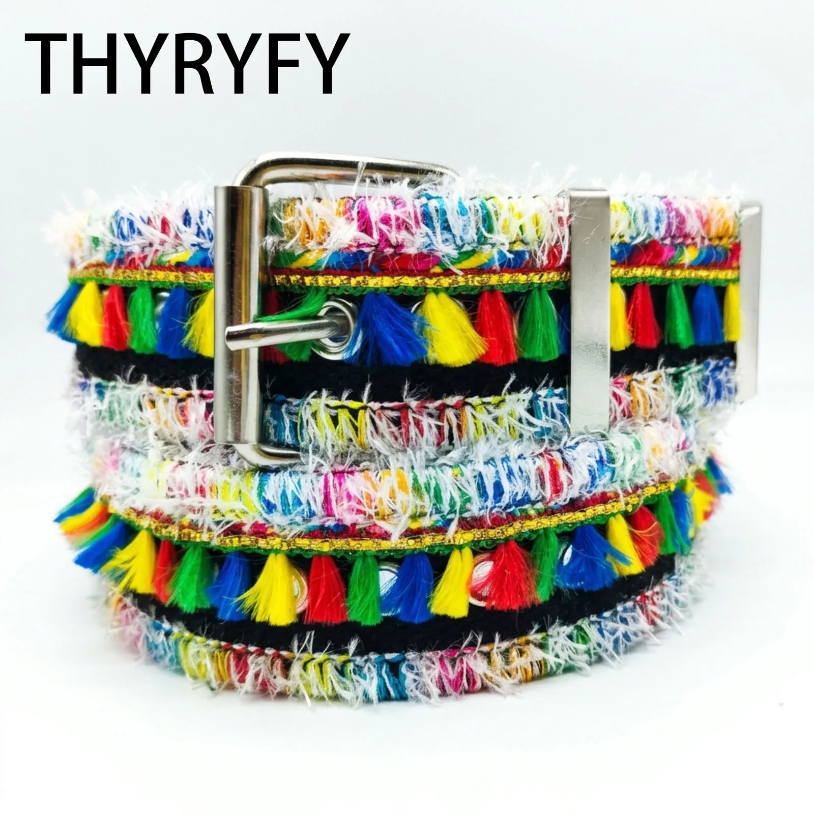 Thyryfy Rainbow Multi-color Tassel Waistband Handcrafted Boho Ethnic Style Wide Waist Strap For Women Dress Decoration Party