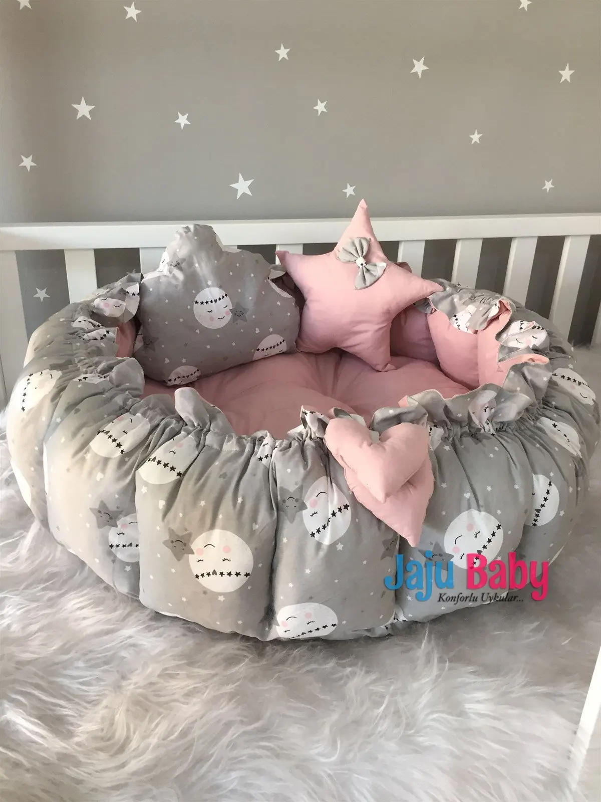 Handmade Gray Full Moon Patterned Design Luxury Play Mat Babynest