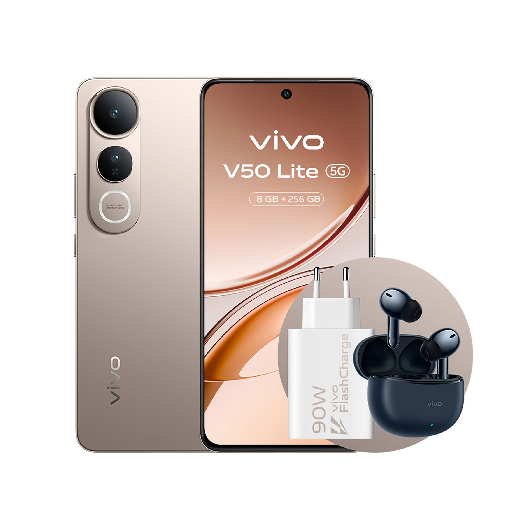 هاتف Vivo V50 Lite 5G، هاتف محمول يعمل بنظام Android مع 8 جيجابايت + 256 جيجابايت، 6.77 بوصة وشاشة P-OLED بألوان زاهية 120 هرتز، كاميرا ثلاثية 50 ميجابكسل، بطارية 6500 مللي أمبير في الساعة، سماعات أذن TWS 3e + شاحن