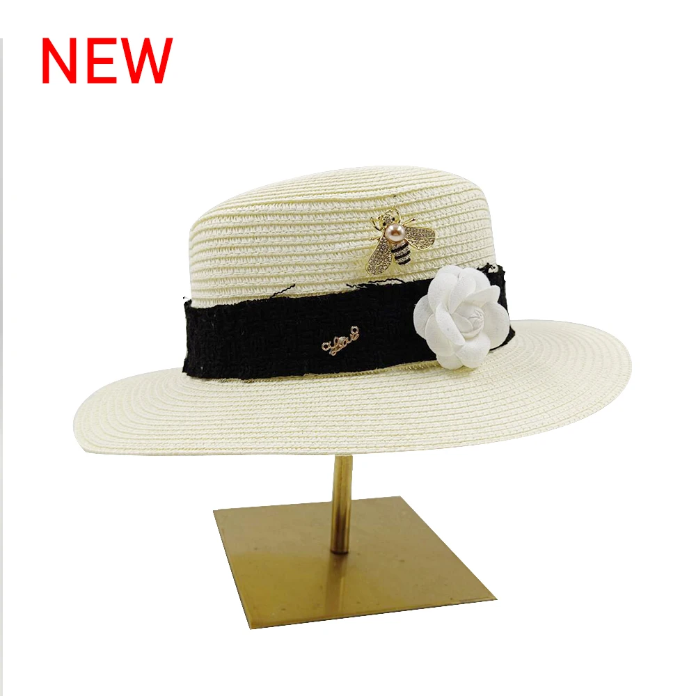 Summer new flat-top sun hat French retro small fragrant style woven hat women's loose sun protection flat-top hat sun hat